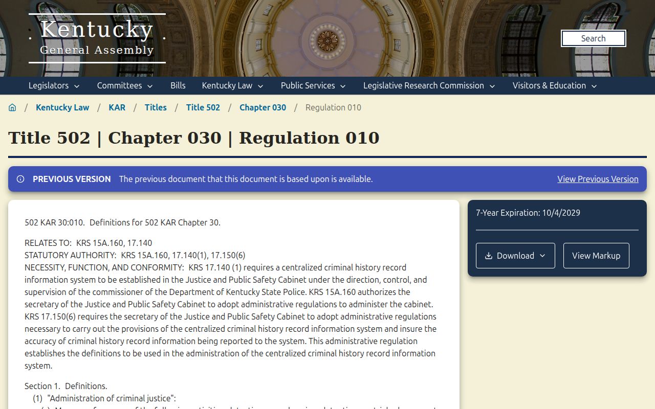 Kentucky centralized criminal-history system regulation used for Stearns records