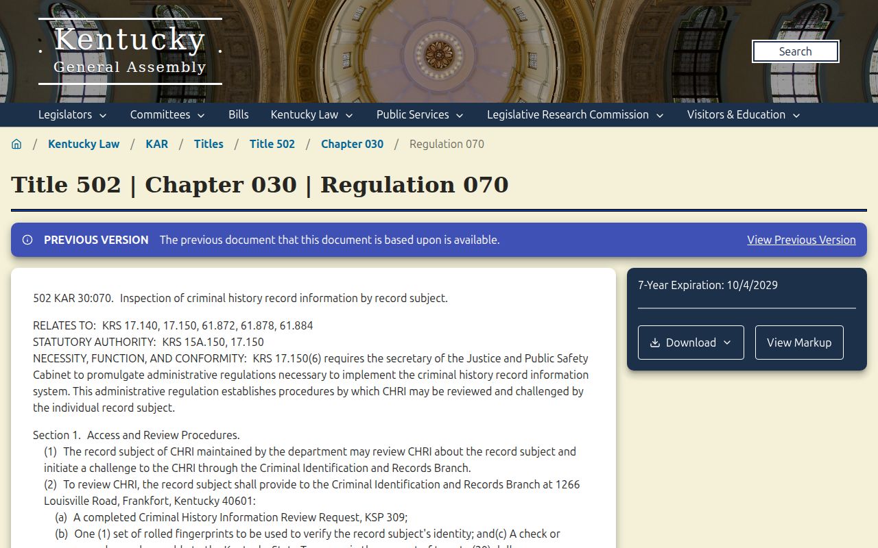 Kentucky regulation for personal review of Stearns criminal history