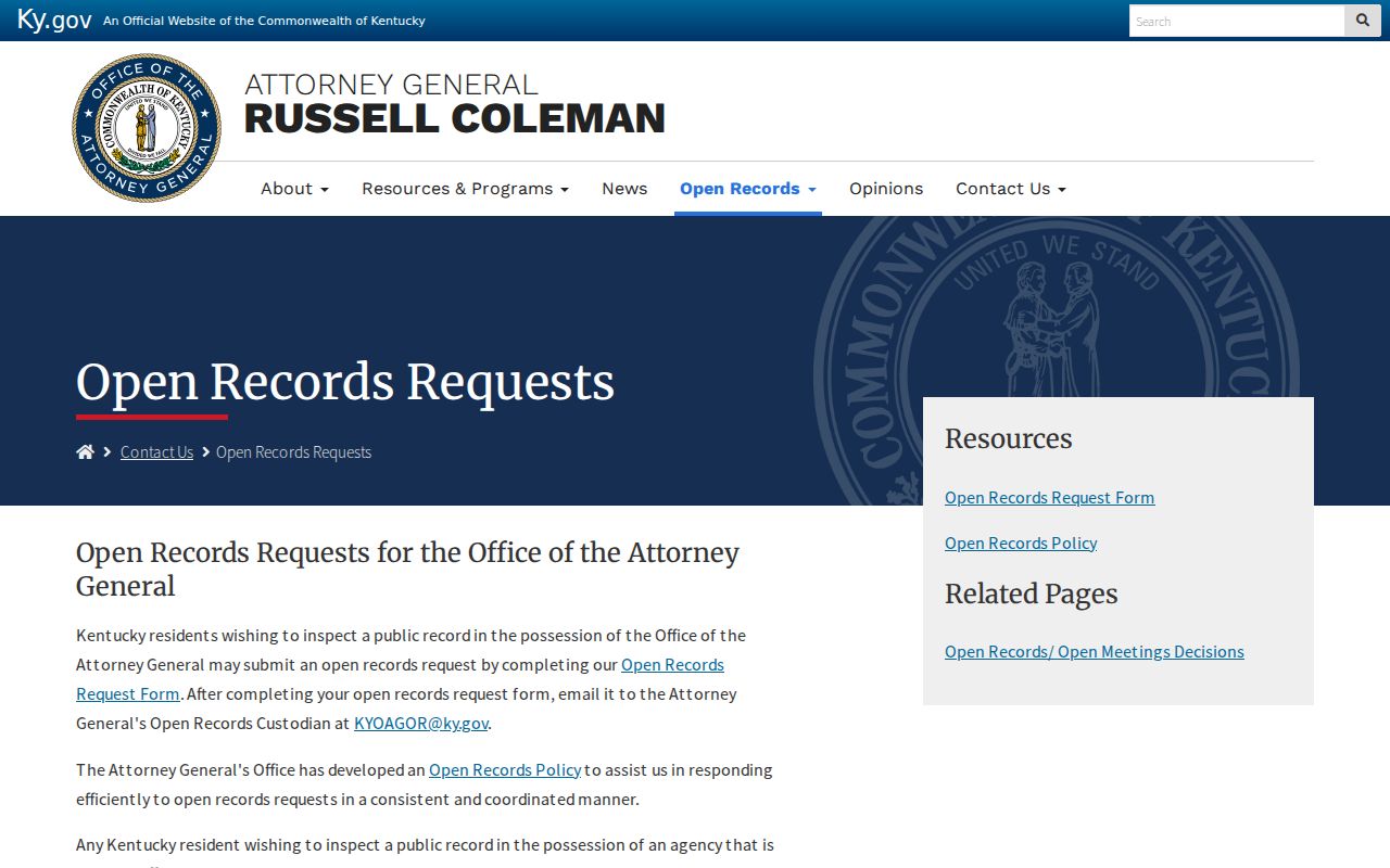 Kentucky open-records guidance for Whitley City agency requests